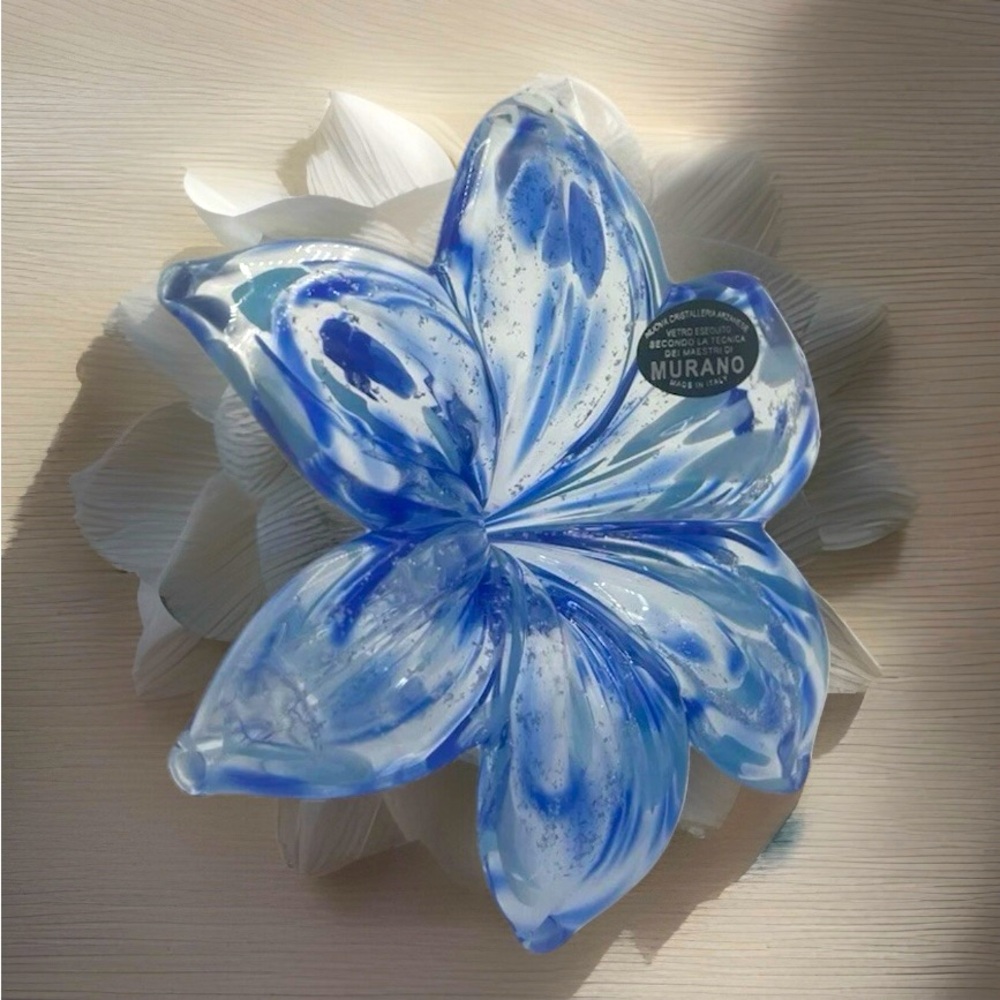 Hand Blown Italian Art Glass Flower w Curled Stem Murano Style Glitter And Blue